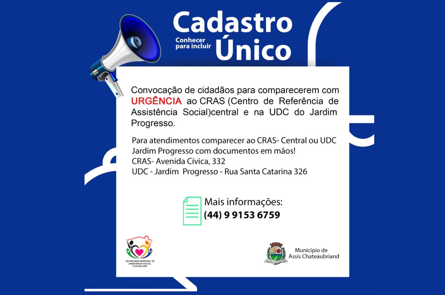 Secretaria de Assistência Social convoca pessoas para atualização do Cadastro Único