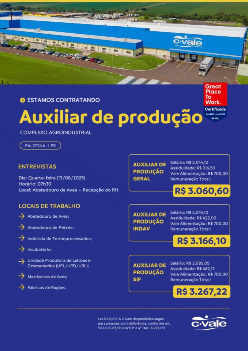 C.Vale anuncia vagas de emprego para auxiliar de produção em diversas unidades