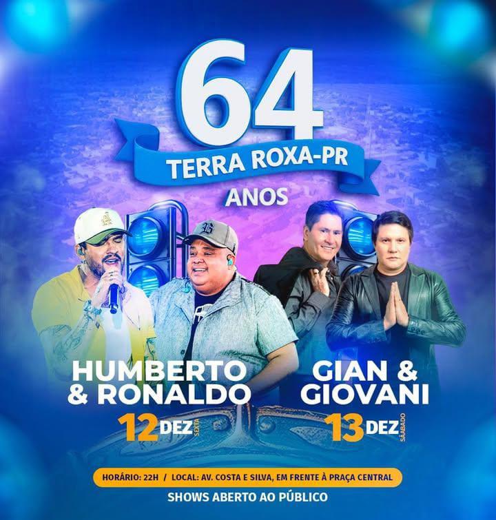 Prefeitura de Terra Roxa anuncia shows em celebração aos 64 anos de emancipação