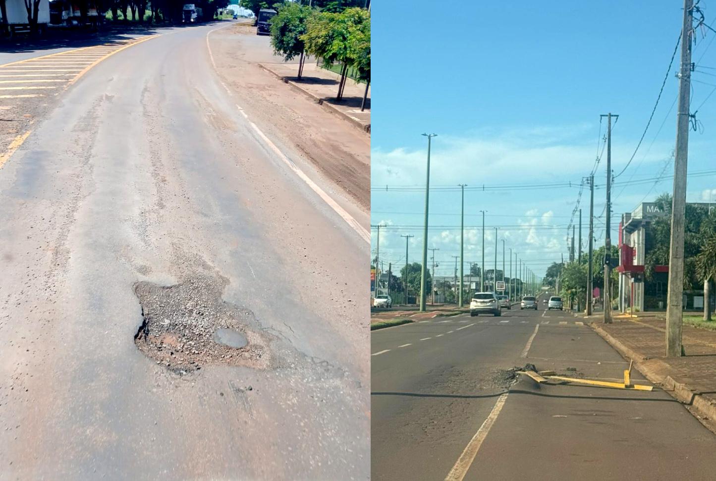 Asfalto danificado na Avenida Presidente Kennedy preocupa motoristas e pedestres em Palotina
