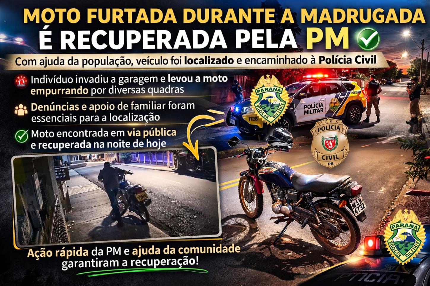 Polícia Militar recupera moto furtada durante a madrugada