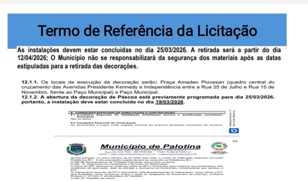 Imagem mostra que o plano de trabalho menciona que a abertura das comemorações da Páscoa será dia 25/03 e que os enfeites deves estarem instalados até dia 19/03. As datas não batem com a abertura da licitação que será dia 27/03