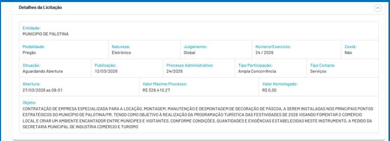 A imagem mostra que a licitação será aberta dia 27/03/2026