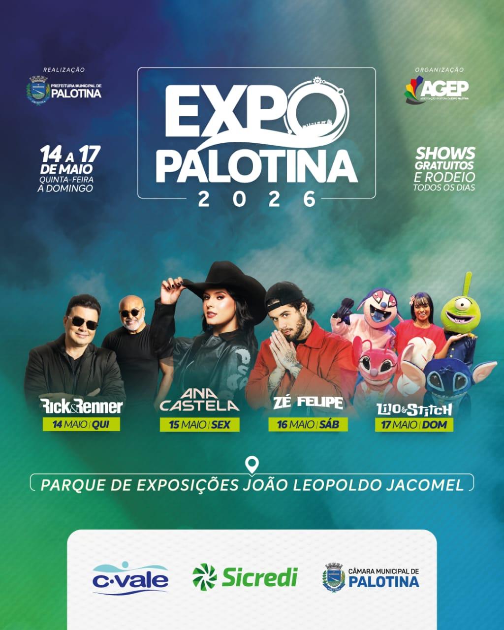 De 14 a 17 de maio, o palco da Expo Palotina vai receber grandes atrações para animar o público no Parque de Exposições João Leopoldo Jacomel