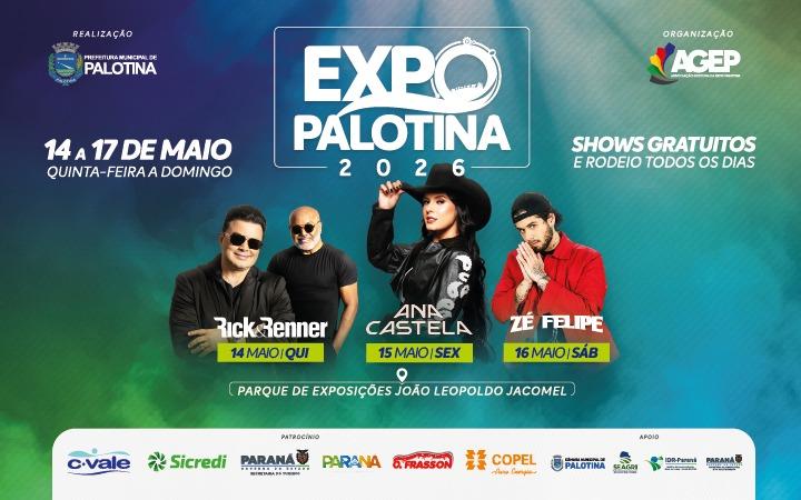 Programação de shows da Expo Palotina 2026 reúne Rick & Renner, Ana Castela e Zé Felipe como atrações principais do evento