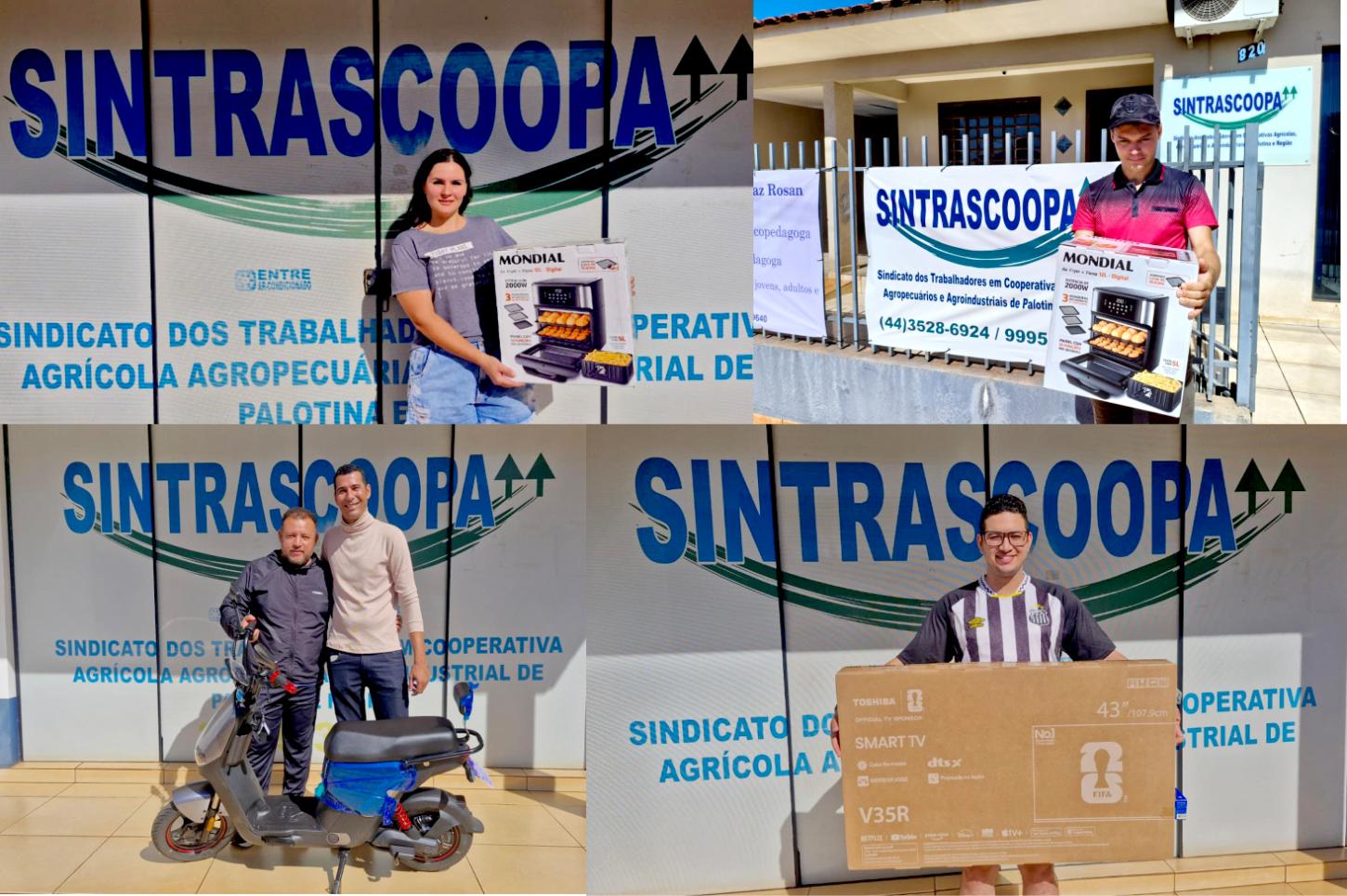 Entrega de prêmios do 22º Congresso da categoria reúne trabalhadores da C.Vale na sede do Sintrascoopa, em Palotina, com distribuição de itens como TV, bicicleta, air fryers e scooter elétrica aos participantes sorteados