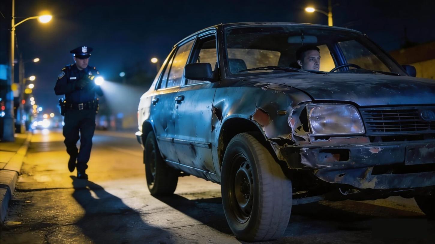 Carro em condições precárias, pneus desgastados e sem iluminação. Motorista flagrado sem cinto e sem CNH. ⚠️