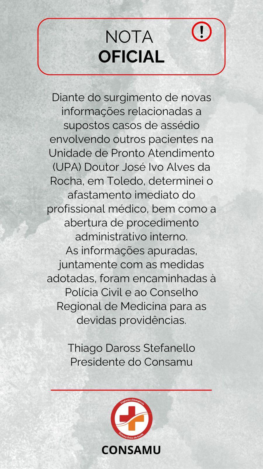 Nota oficial do Consamu informa o afastamento imediato de médico da UPA de Toledo