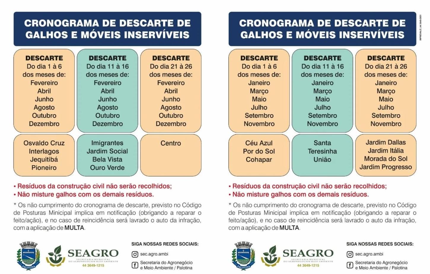 Cronograma define datas para coleta de galhos e móveis inservíveis em Palotina, orientando moradores sobre os dias corretos de descarte