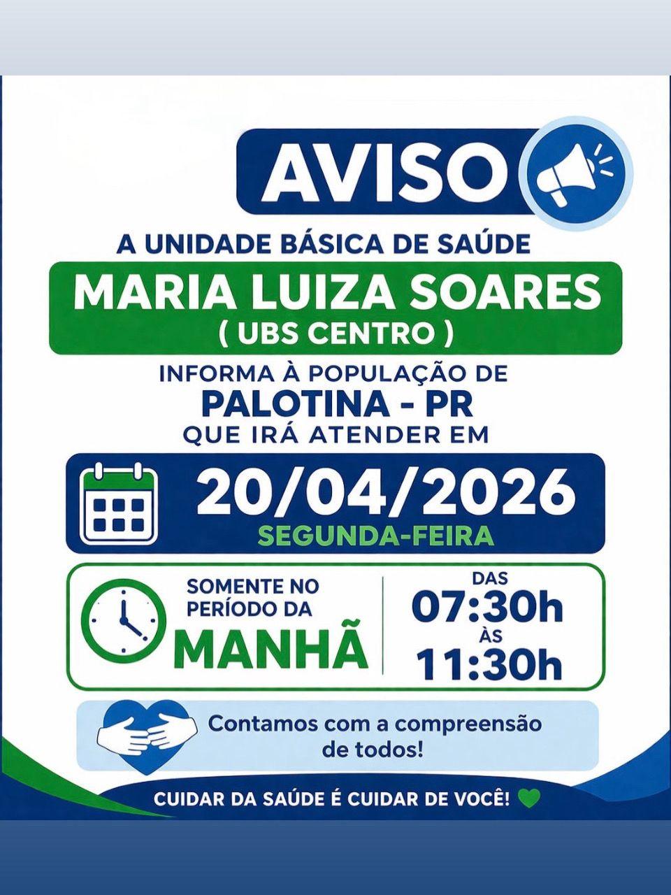 Atendimento da UBS Centro será realizado apenas no período da manhã no dia 20; população deve se organizar para garantir acesso aos serviços