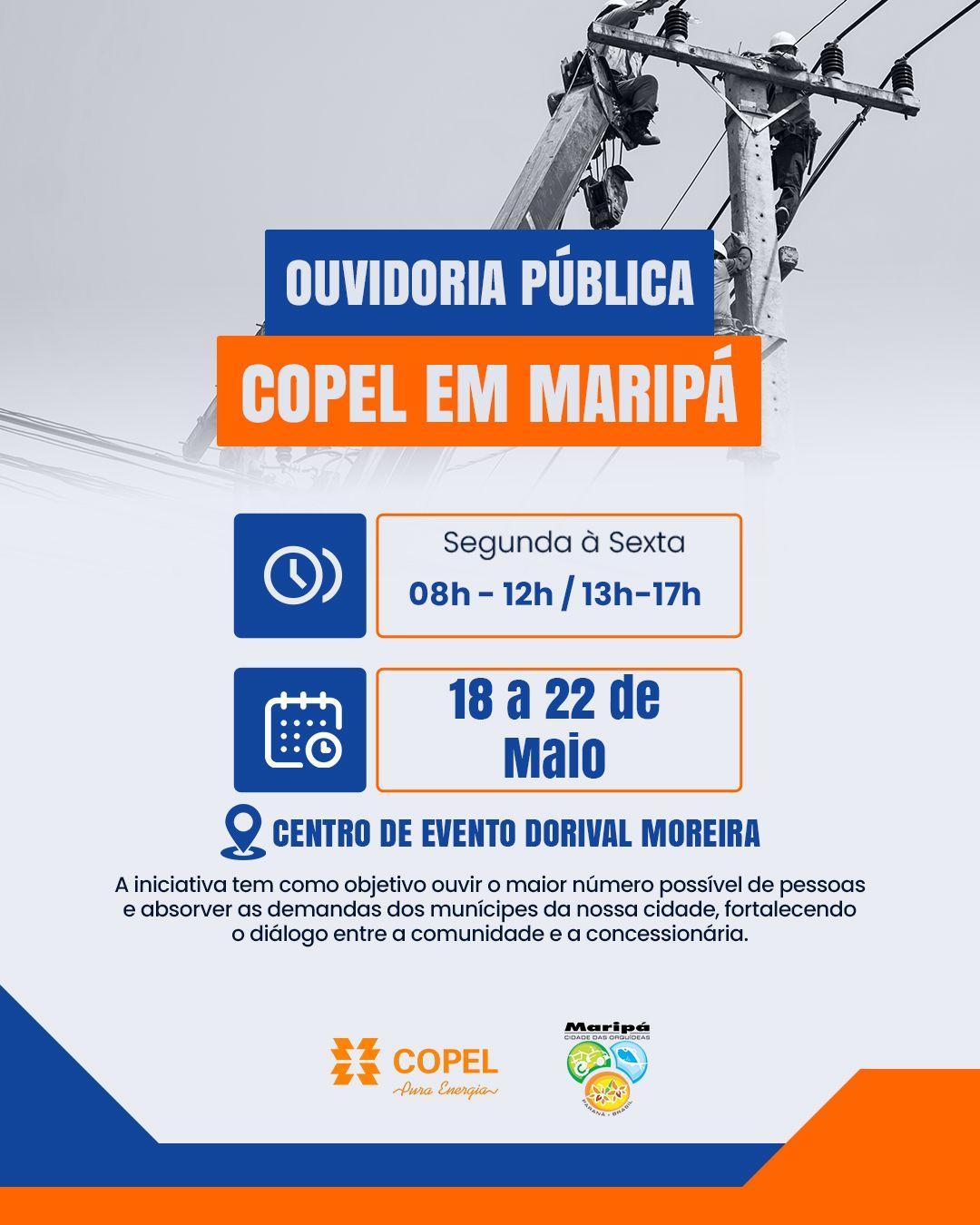 Cartaz divulgado pela Prefeitura de Maripá informa datas, horários e local da Ouvidoria Pública da Copel no município