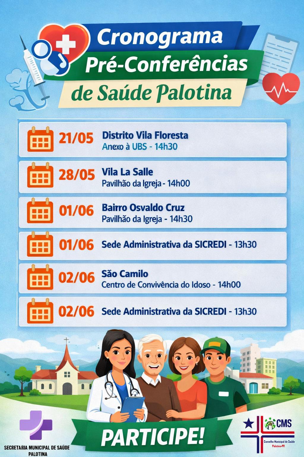 🩺📋 O Conselho Municipal de Saúde de Palotina divulgou o cronograma oficial das Pré-conferências da Saúde