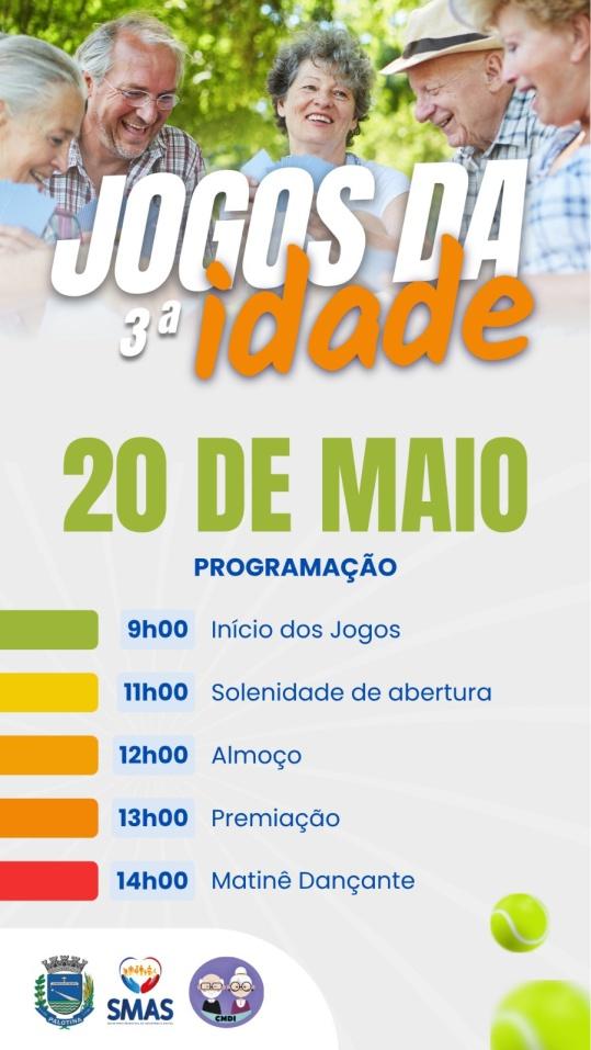 Cartaz divulga a programação dos Jogos da 3ª Idade promovidos pela Prefeitura Municipal de Palotina, evento que reunirá idosos em um dia de integração, esporte, lazer e confraternização