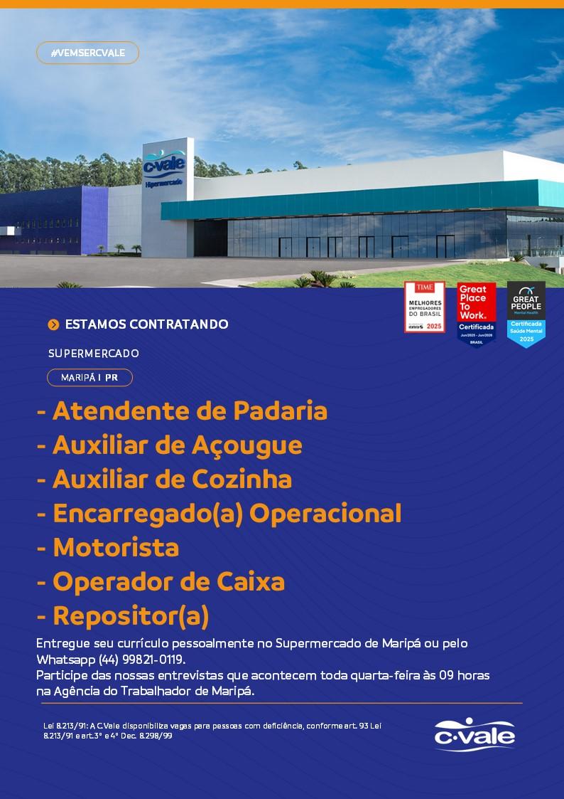 Cartaz divulgado pela Agência do Trabalhador de Maripá anuncia entrevistas para vagas de emprego no Mercado da C.Vale nesta quarta-feira (20)