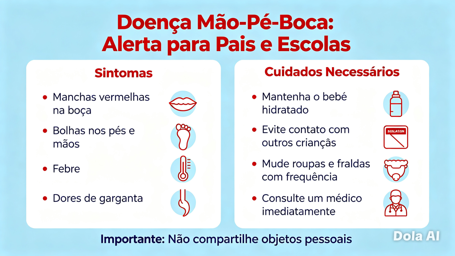 Cartaz educativo alerta sobre os principais sintomas da doença mão-pé-boca e reforça os cuidados necessários para prevenir a transmissão, especialmente entre crianças