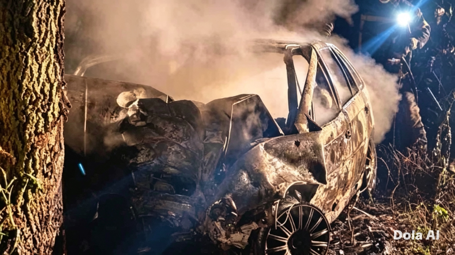 Carro ficou completamente destruído após sair da pista e colidir contra uma árvore