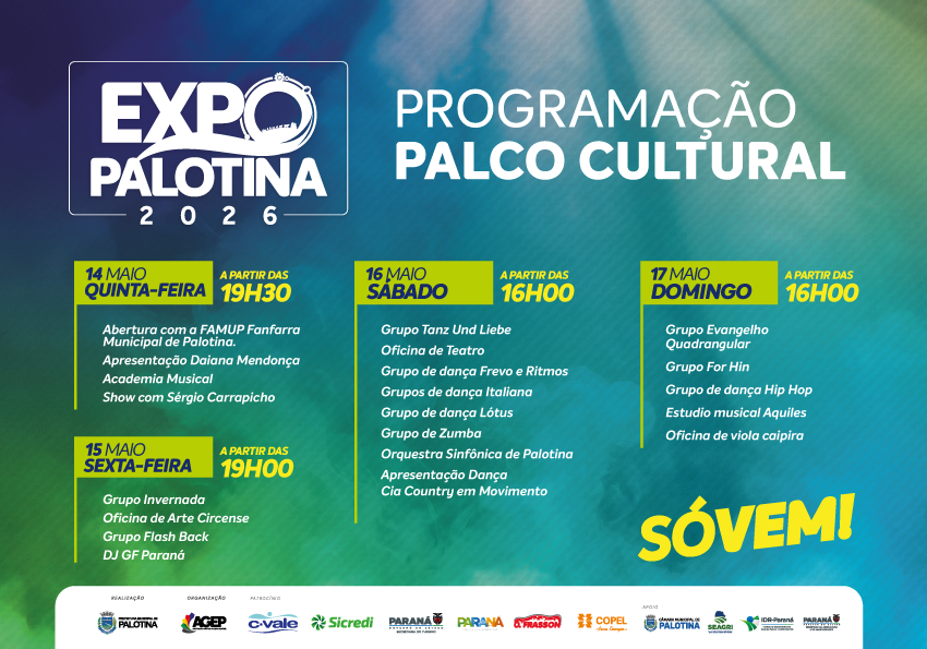 O talento local vai brilhar na Expo Palotina 2026! 🎭🎶 Confira a programação especial do Palco Cultural e prestigie os artistas, grupos e tradições da nossa cidade. ✨