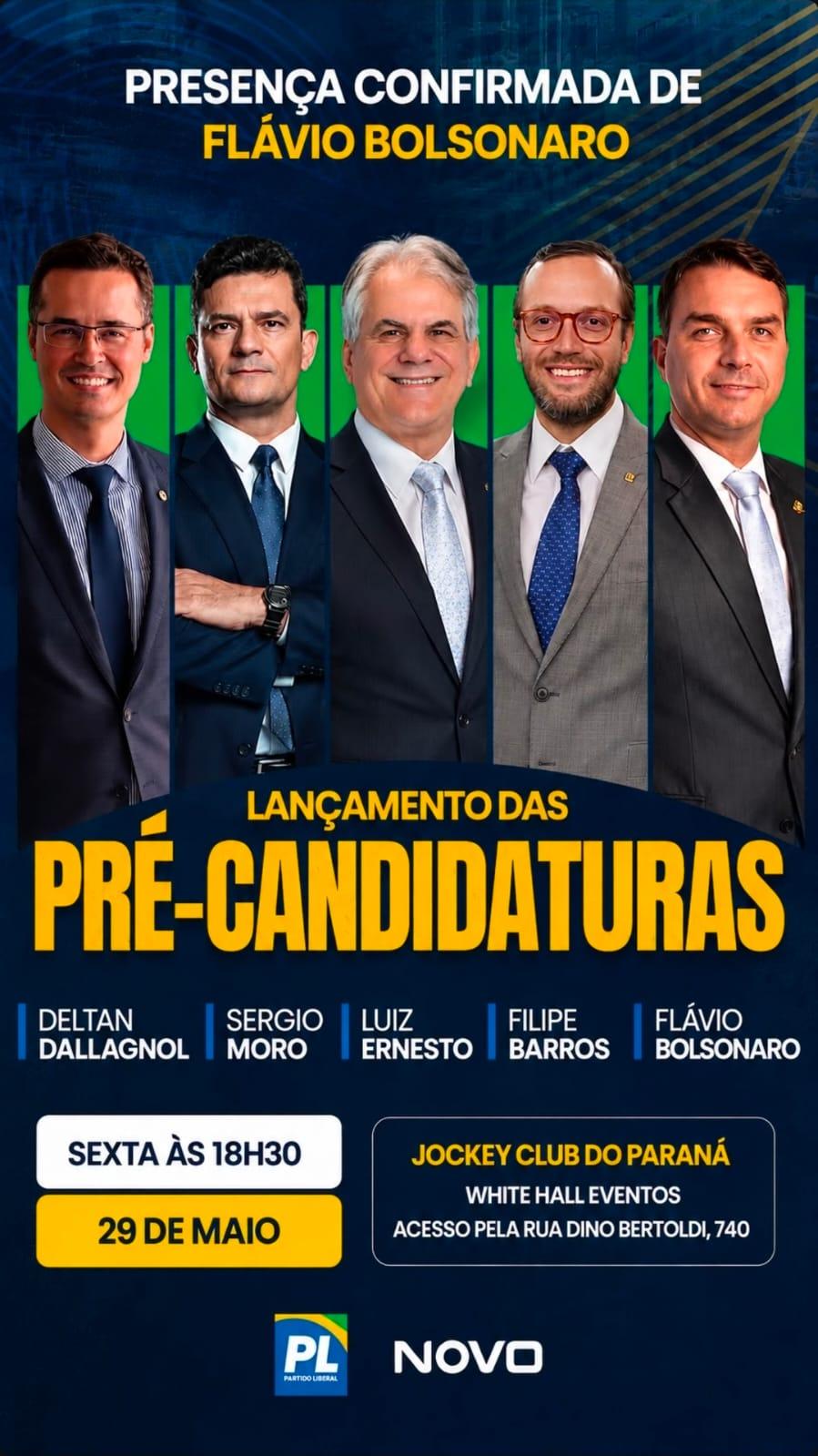 Convite oficial do evento que reunirá lideranças da direita paranaense e nacional no Jockey Club do Paraná, com destaque para Deltan Dallagnol, Sergio Moro, Luiz Ernesto de Giacometti, Felipe Barros e Flávio Bolsonaro