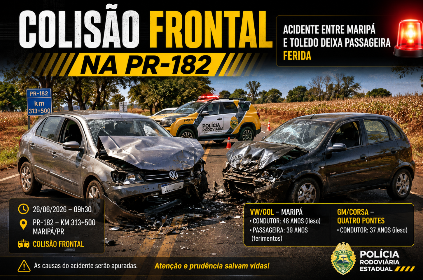Colisão frontal na PR-182 deixa mulher ferida entre Maripá e Toledo