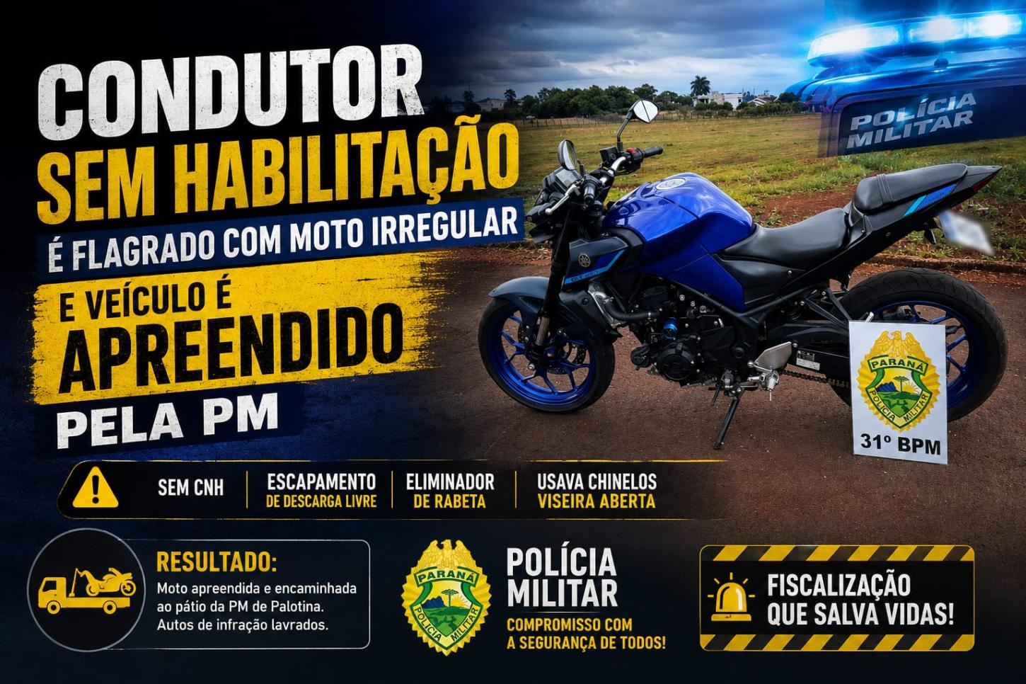 Condutor sem habilitação é flagrado com moto irregular e veículo é apreendido pela PM