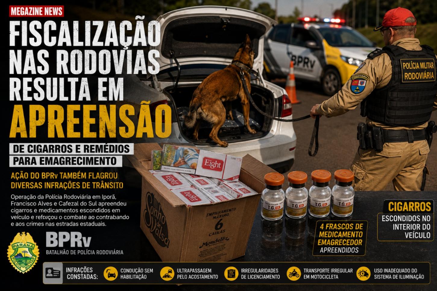Fiscalização nas rodovias do Noroeste resulta na apreensão de cigarros e remédios para emagrecimento escondidos em veículo