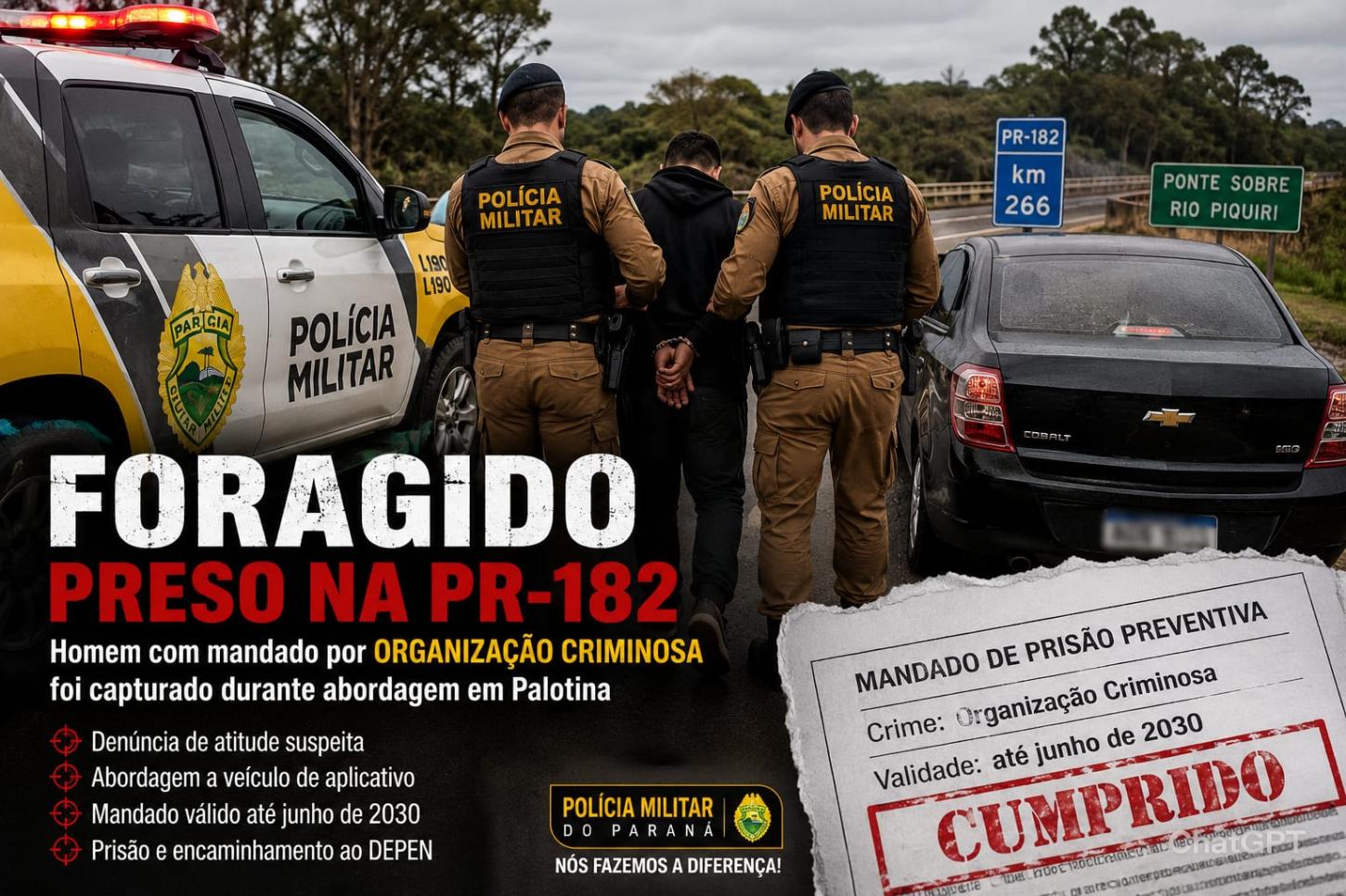 Foragido por organização criminosa é capturado pela Polícia Militar durante abordagem na PR-182 em Palotina