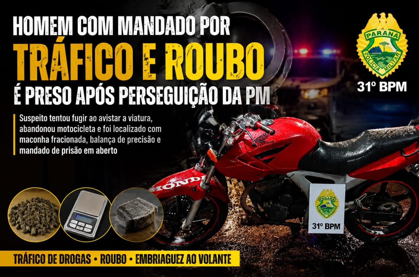 Homem com mandado por tráfico e roubo é preso após perseguição da PM