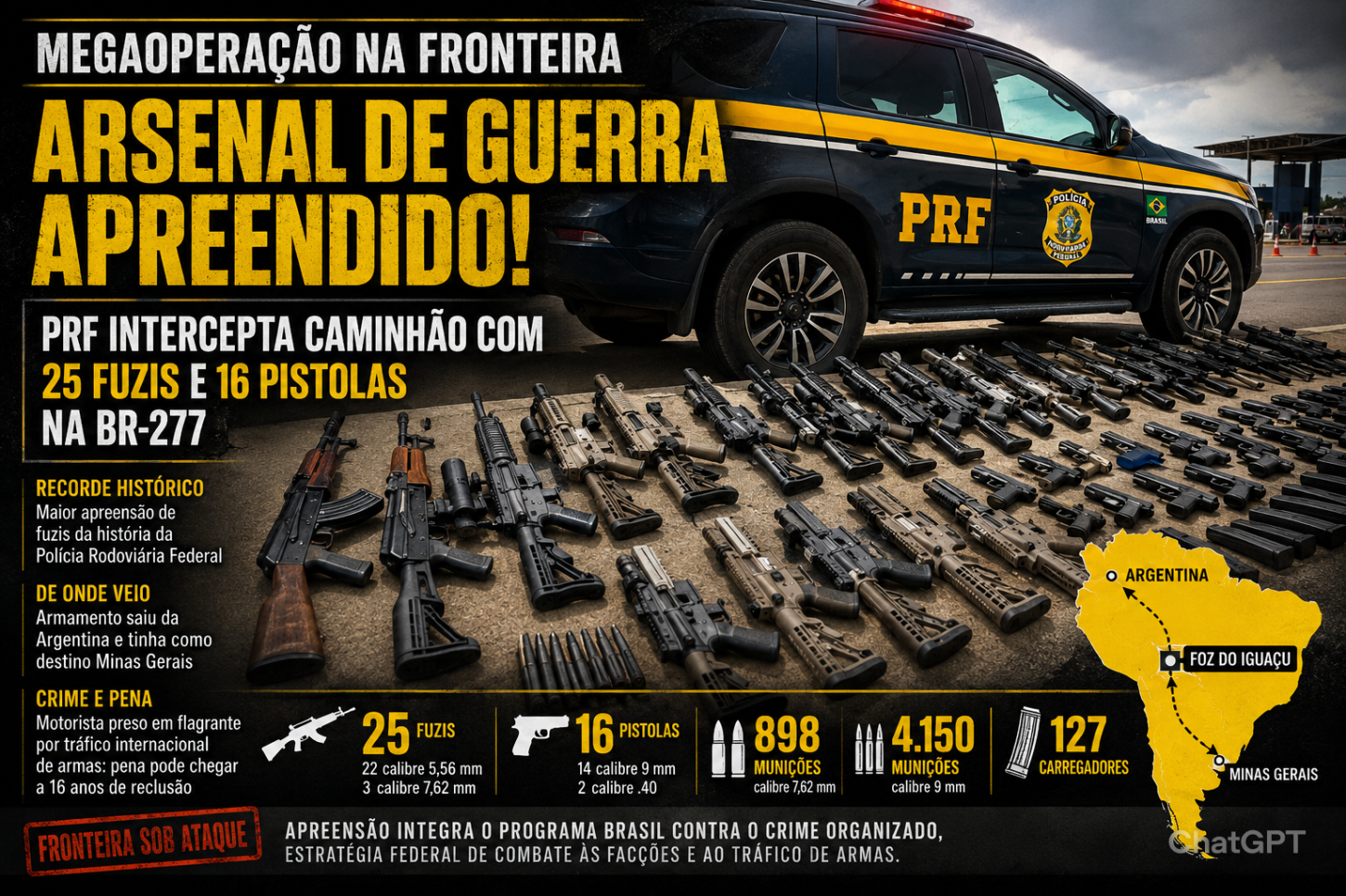 Megaoperação na Fronteira: PRF intercepta arsenal recorde com 25 fuzis e 16 pistolas na BR-277
