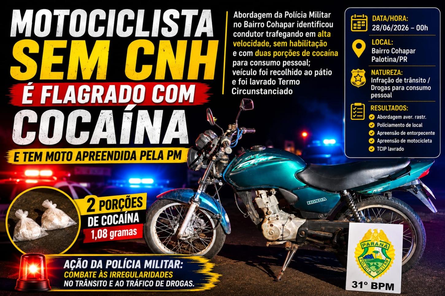 Motociclista é flagrado sem habilitação e com cocaína durante abordagem da PM