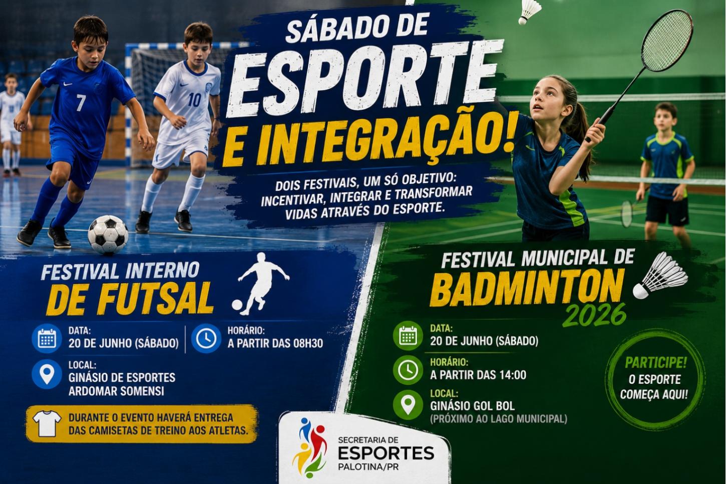Palotina promove sábado de integração esportiva com festivais de Futsal e Badminton para crianças