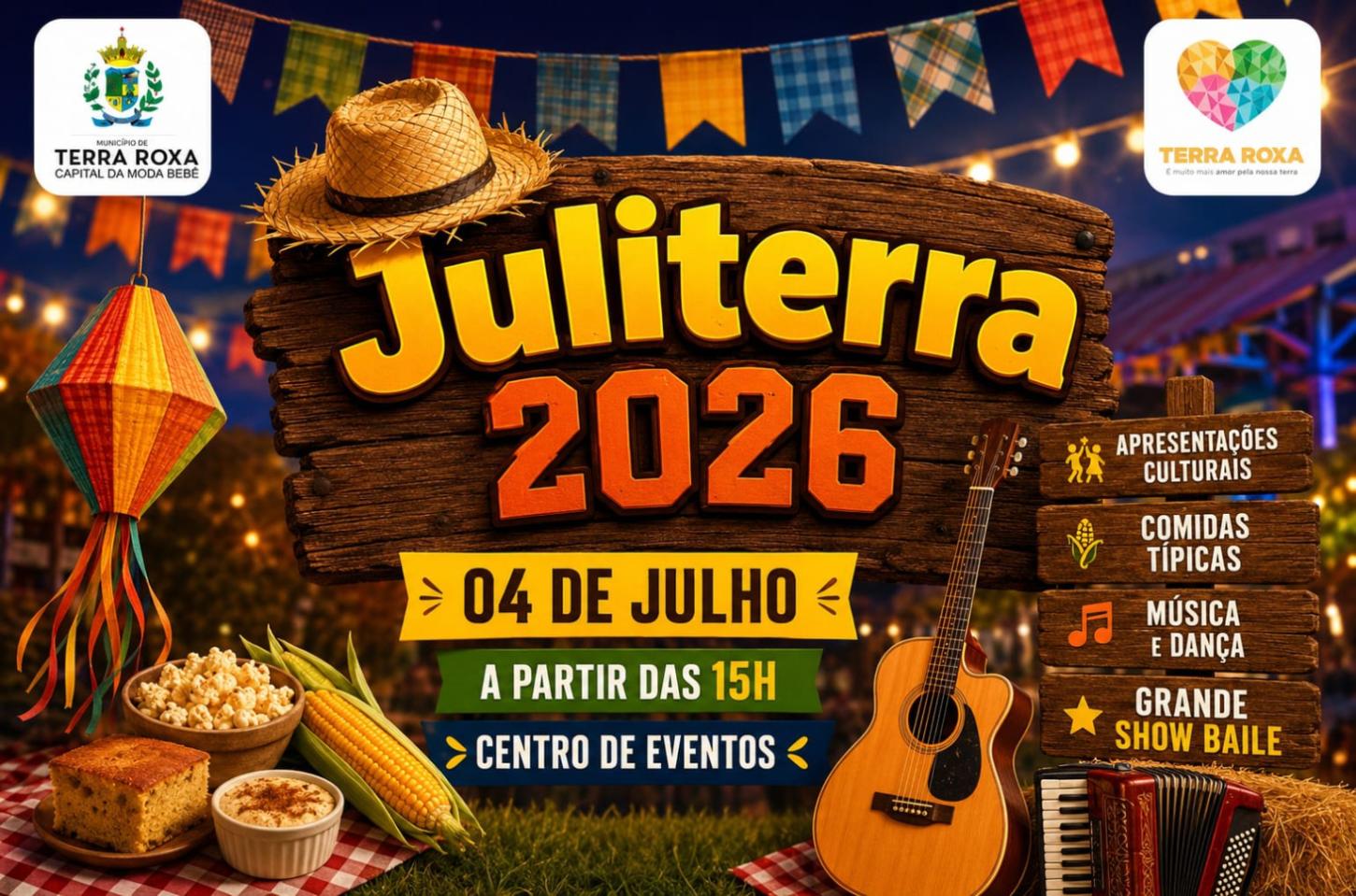 Juliterra 2026 acontece no dia 4 de julho, a partir das 15h, no Centro de Eventos de Terra Roxa, com apresentações culturais, comidas típicas, música, dança e um grande show baile