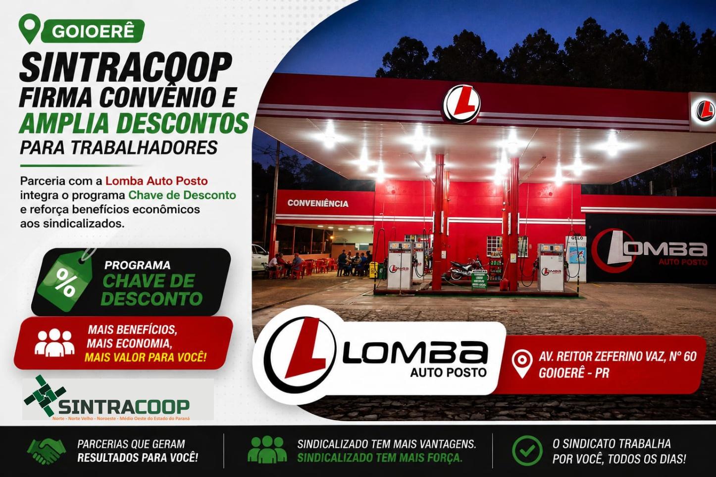 Sintracoop de Goioerê firma novo convênio dentro do programa Chave de Desconto com a Lomba Auto Posto, ampliando benefícios e condições especiais para trabalhadores sindicalizados em cooperativas