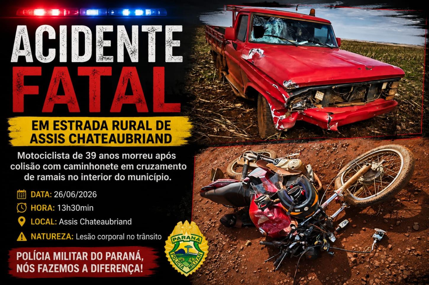 Motociclista de 39 anos morreu após uma grave colisão com uma caminhonete em uma estrada rural de Assis Chateaubriand