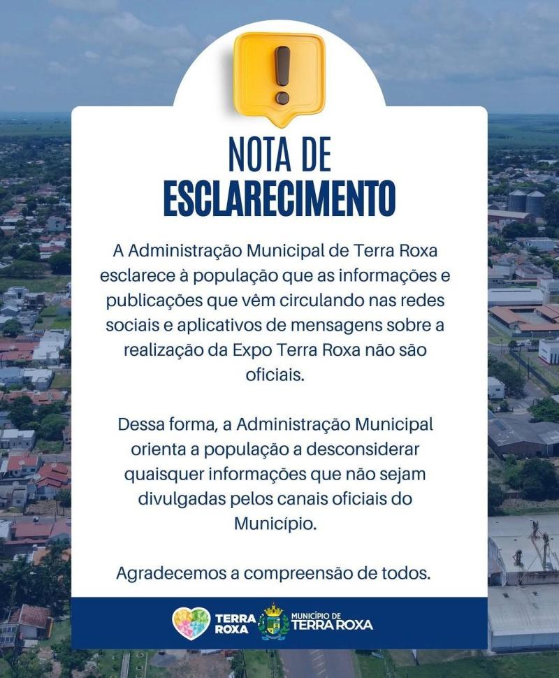 Em nota oficial, a Prefeitura de Terra Roxa esclareceu que a suposta programação de shows divulgada nas redes sociais não pertence ao município