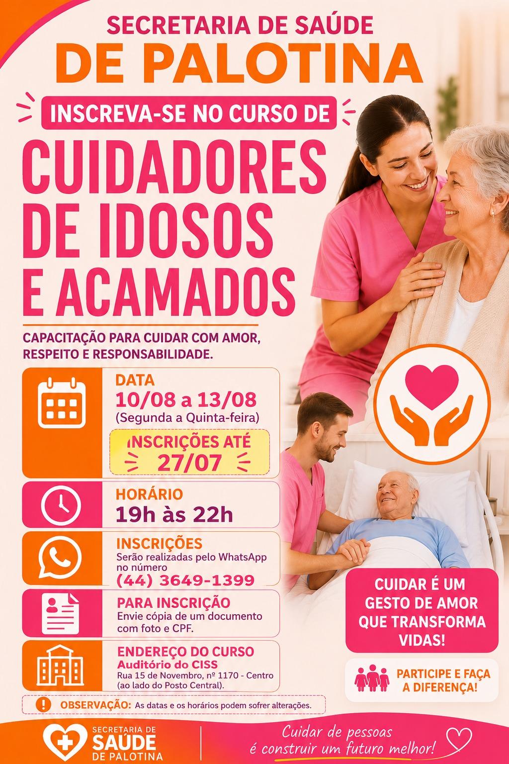 Cartaz oficial divulgado pela Secretaria Municipal de Saúde de Palotina com informações sobre o Curso de Cuidadores de Idosos e Acamados