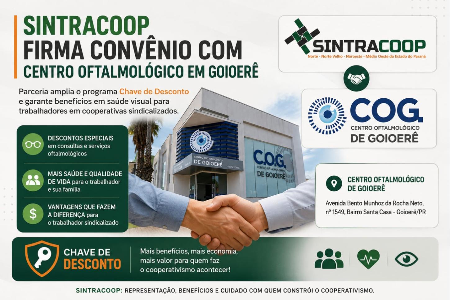 Sintracoop de Goioerê firma convênio com o Centro Oftalmológico por meio do programa Chave de Desconto, garantindo benefícios e descontos especiais em atendimentos de saúde visual para trabalhadores em cooperativas sindicalizados