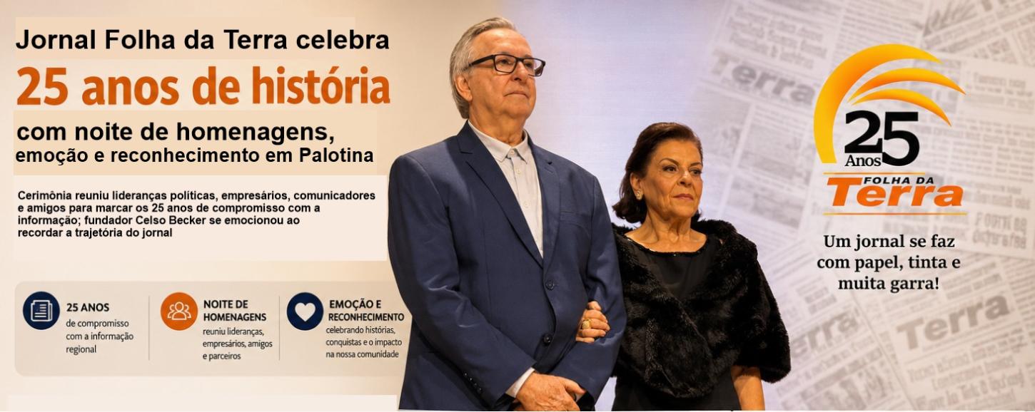 Parabéns a Celso Becker, Tatiana Gielow, Pablo Gielow e a toda a equipe do Jornal Folha da Terra pelos 25 anos de dedicação ao jornalismo, contribuindo diariamente para informar, conectar e registrar a história de Palotina e do Oeste do Paraná.