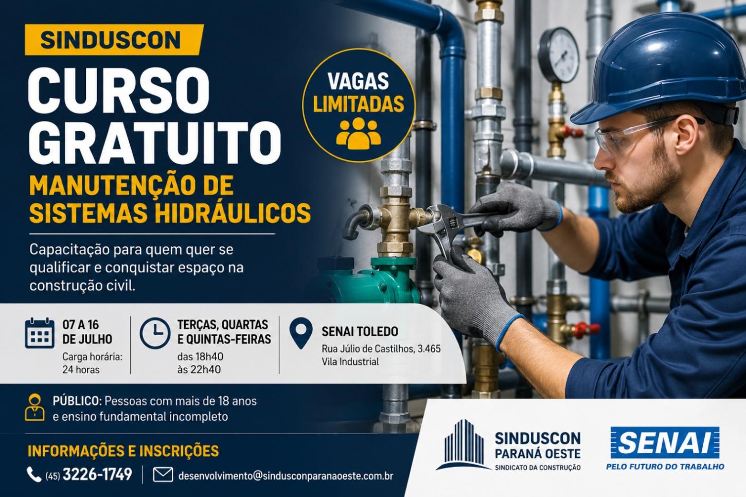 Curso gratuito promovido pelo Sinduscon Paraná Oeste e Senai busca qualificar profissionais em manutenção de sistemas hidráulicos e fortalecer a mão de obra da construção civil na região