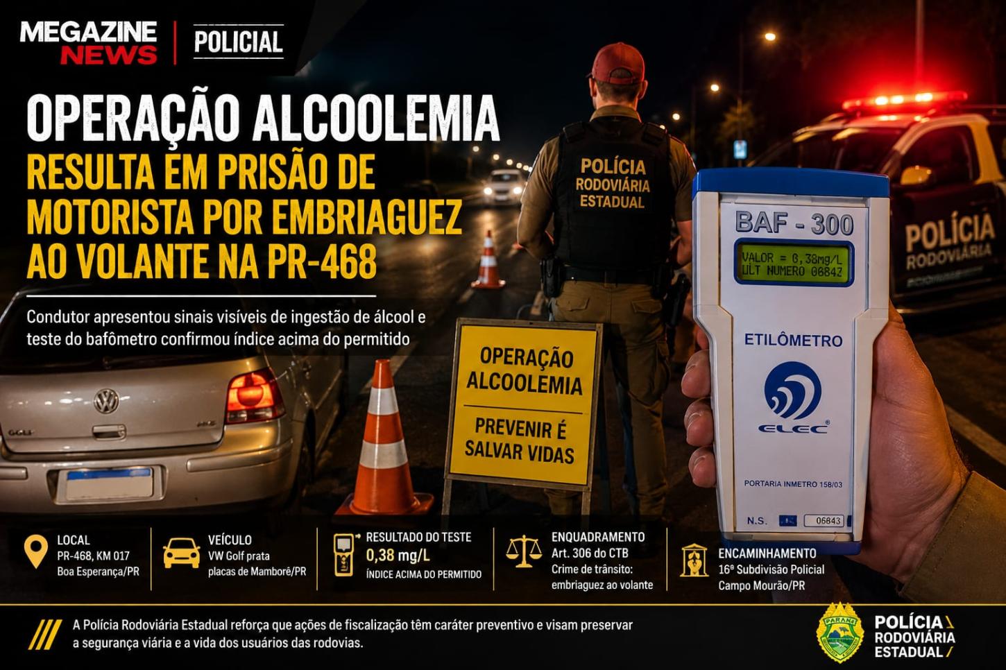 🚔🍺 Fiscalização que salva vidas. Polícia Rodoviária Estadual flagrou um motorista com resultado de 0,38 mg/L