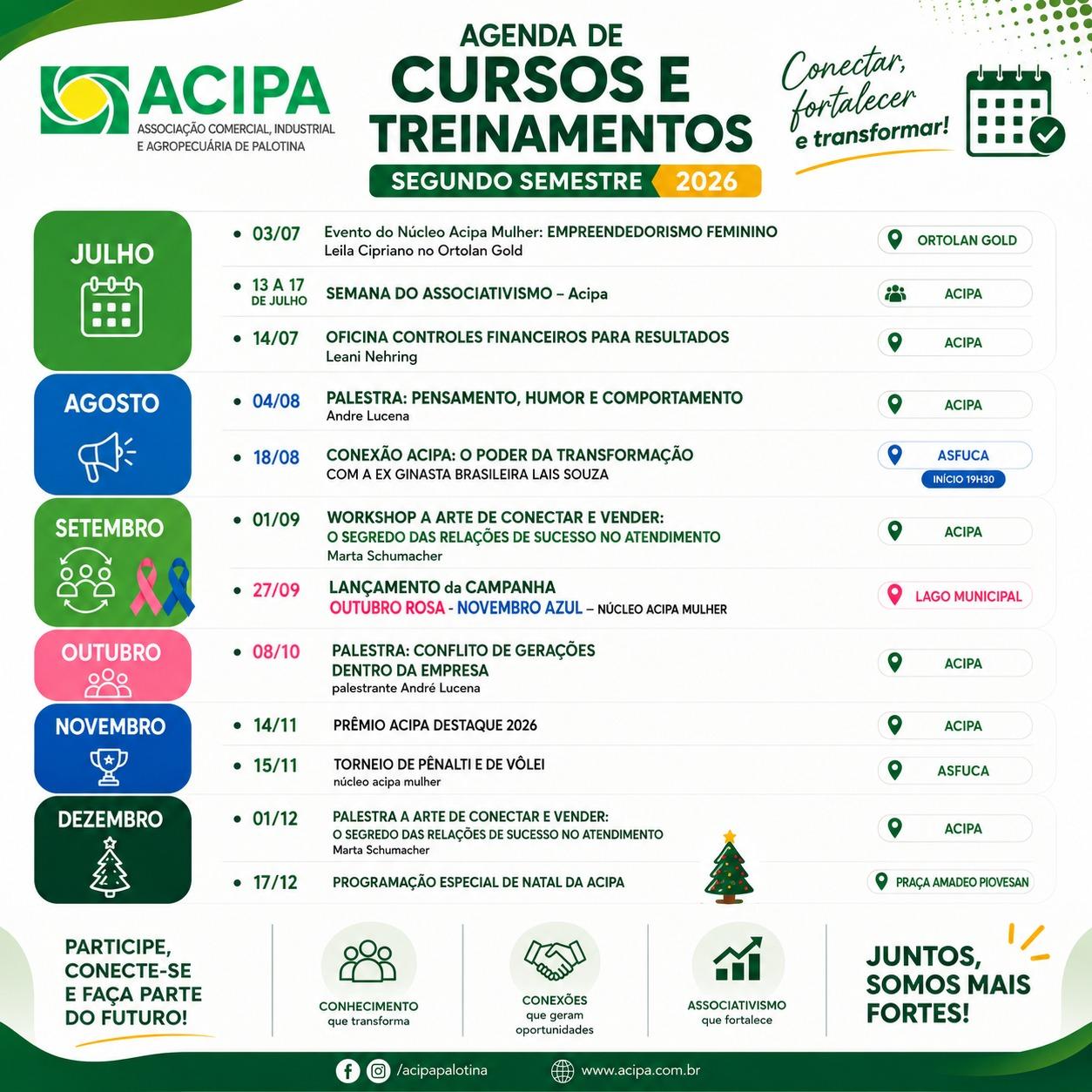 A ACIPA divulgou a agenda de cursos, palestras, workshops e eventos do segundo semestre de 2026