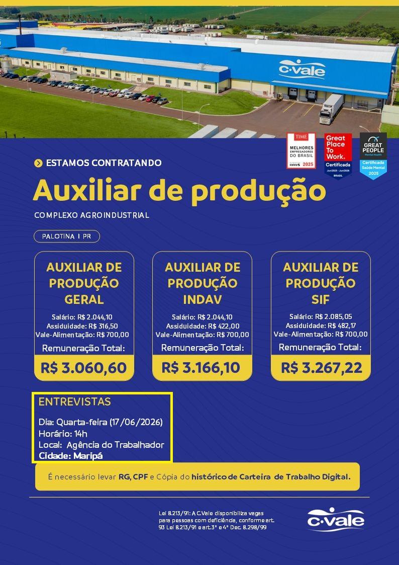 Na quarta-feira, às 14h as entrevistas serão para vagas no Abatedouro de Aves da C.Vale em Palotina