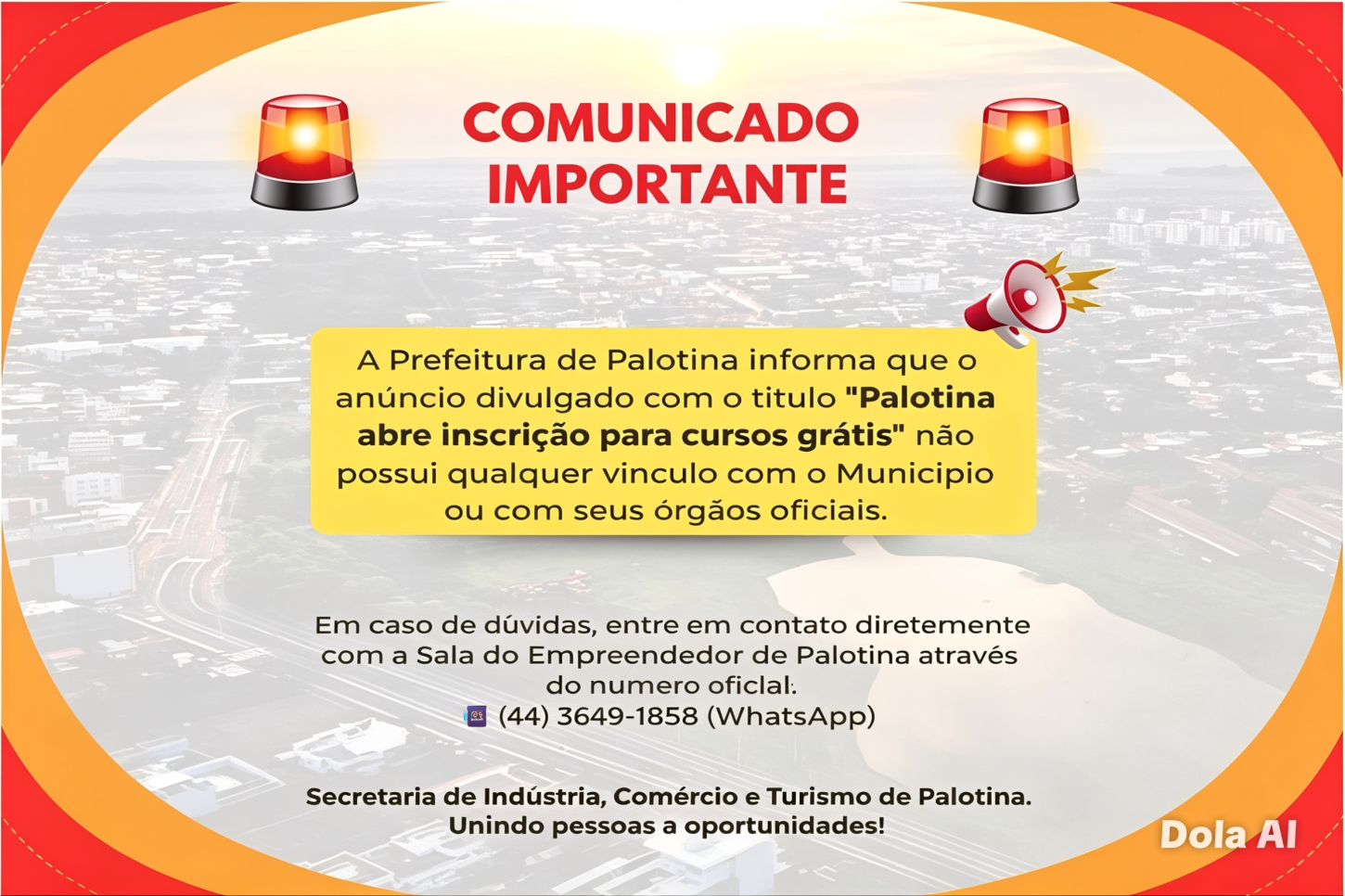Prefeitura de Palotina divulga alerta sobre anúncio de cursos gratuitos