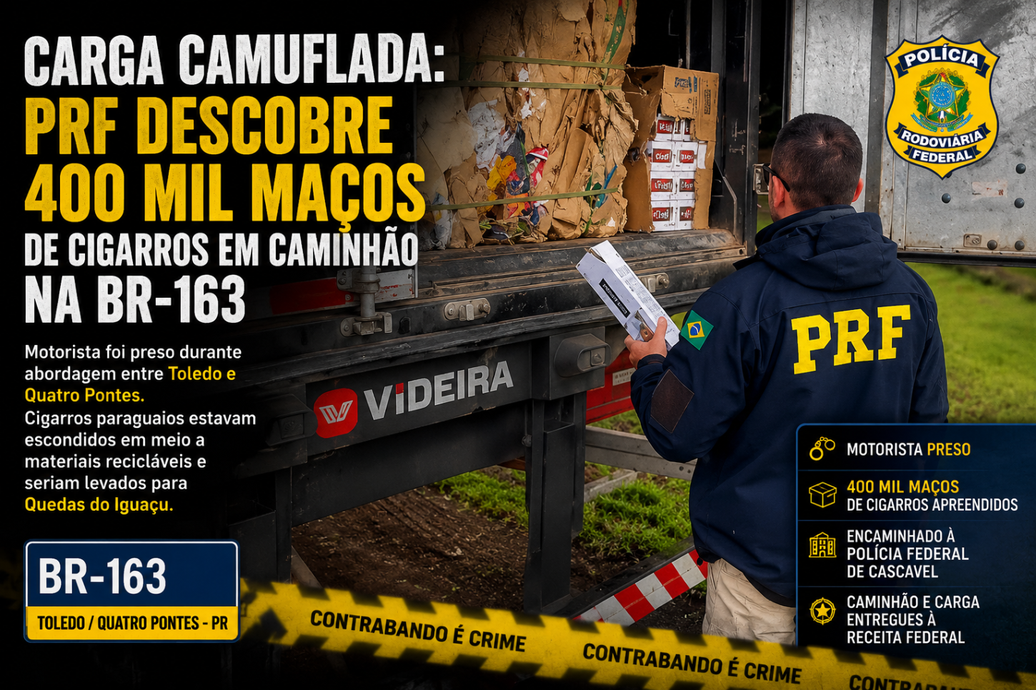 PRF Descobre 400 Mil Maços de Cigarros Escondidos em Caminhão na BR-163