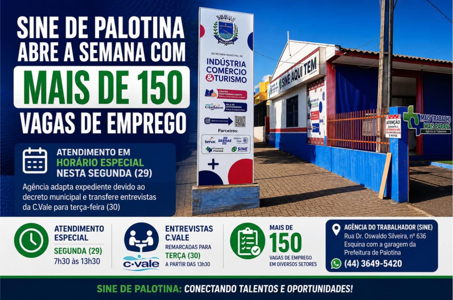 Sine de Palotina abre a semana com mais de 150 vagas de emprego e atendimento em horário especial nesta segunda