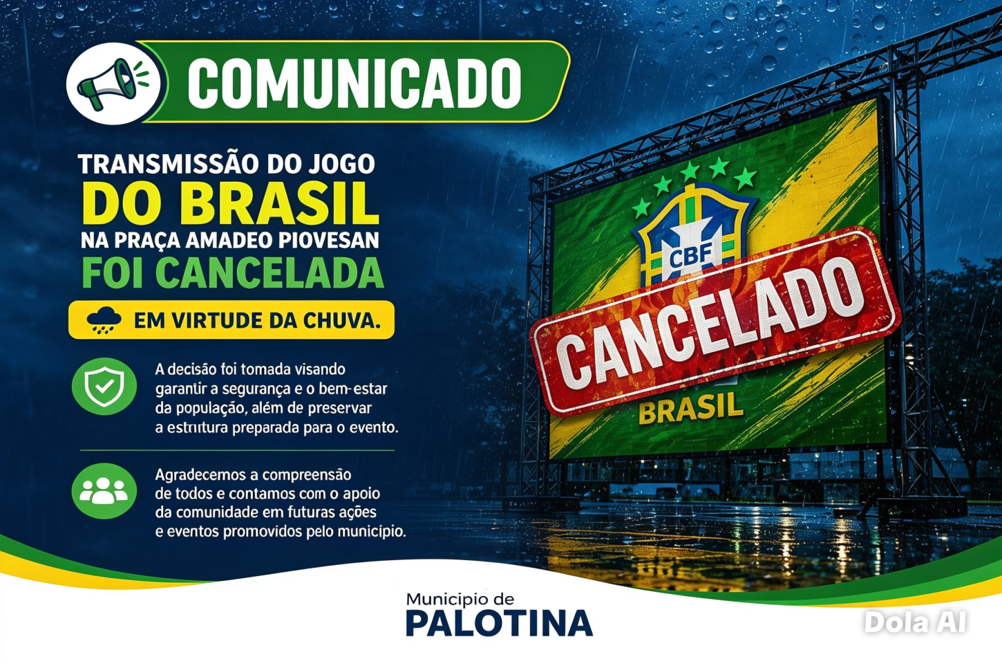 Transmissão do jogo da Seleção Brasileira na Praça Amadeo Piovesan é cancelada devido à chuva