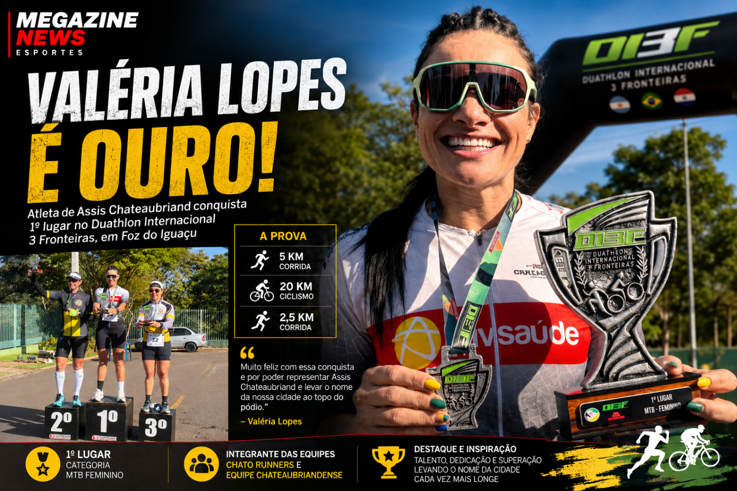 Valéria Lopes conquista ouro no Duathlon Internacional 3 Fronteiras e leva Assis Chateaubriand ao topo do pódio
