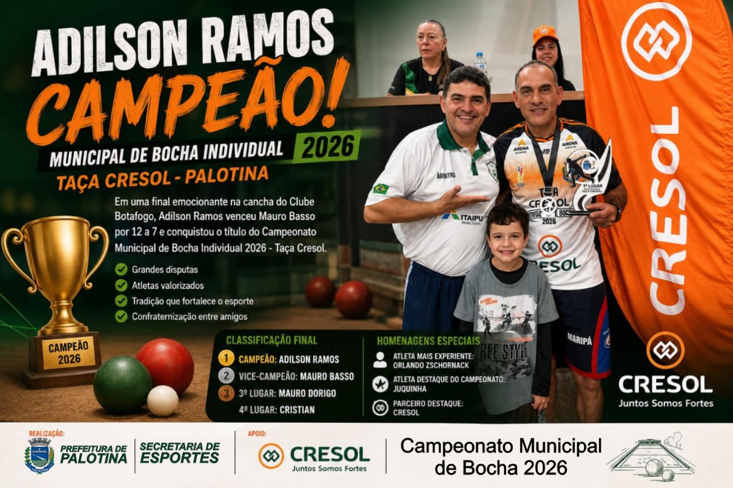 Adilson Ramos conquista o título do Municipal de Bocha Individual 2026 em Palotina