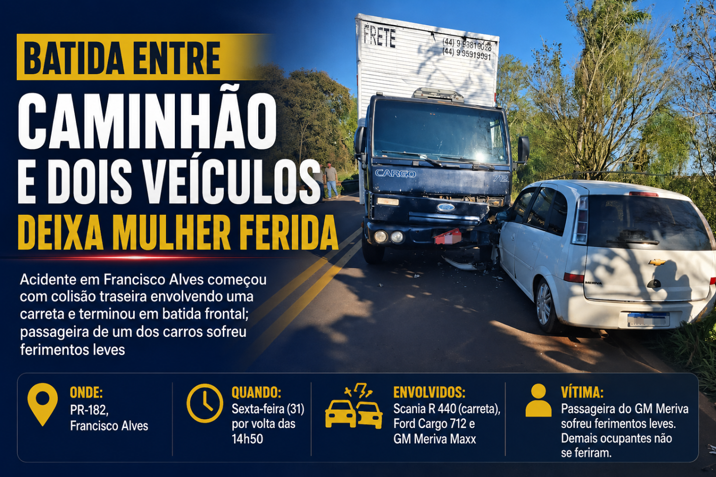 Batida entre caminhão e dois veículos deixa mulher ferida na PR-182