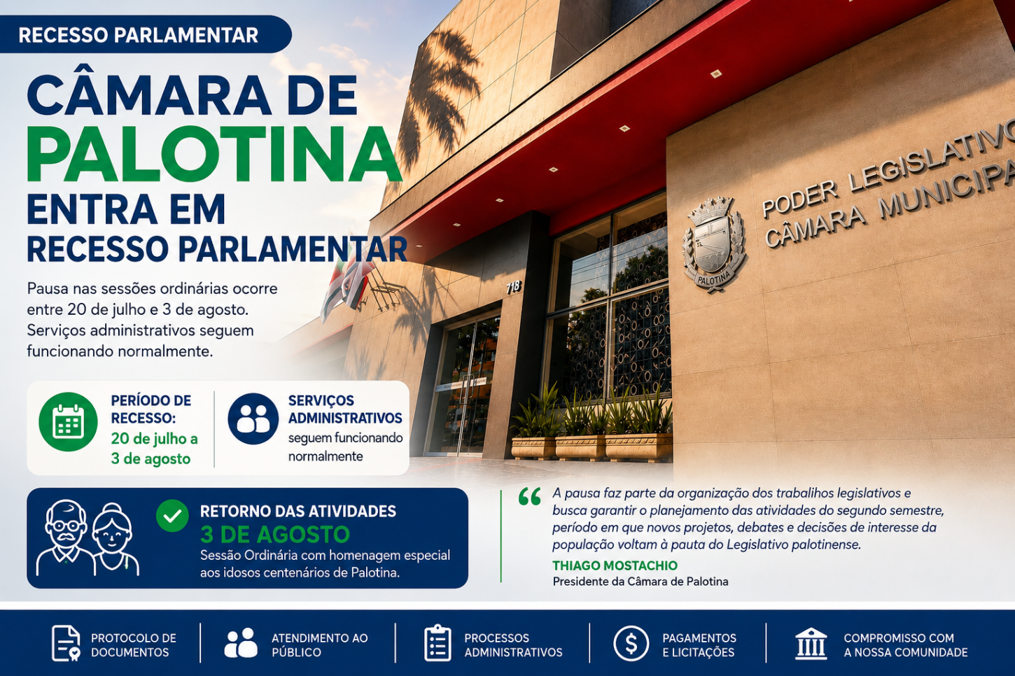 Câmara de Palotina entra em recesso parlamentar, mas serviços administrativos seguem funcionando
