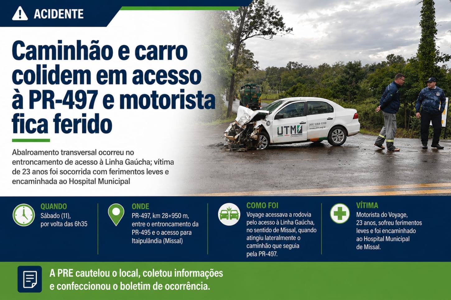Caminhão e carro colidem em acesso à PR-497 e motorista fica ferido